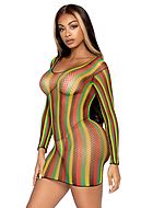Revealing mini dress, net, long sleeves, scoop neck, vertical stripes